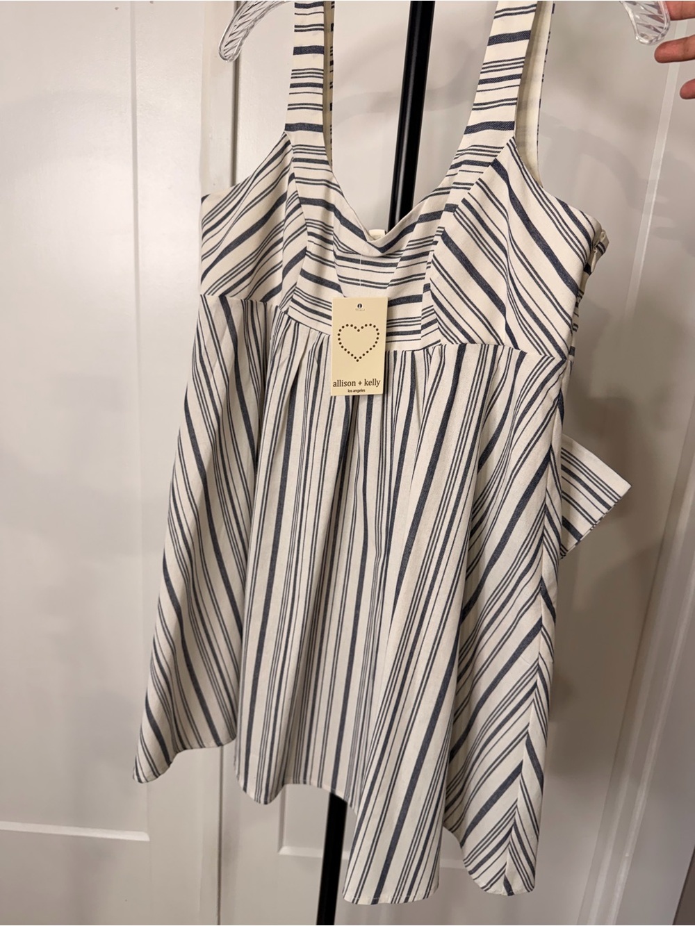 Striped Mini Dress with Statement Bow in Navy and White - Picture 5 of 6